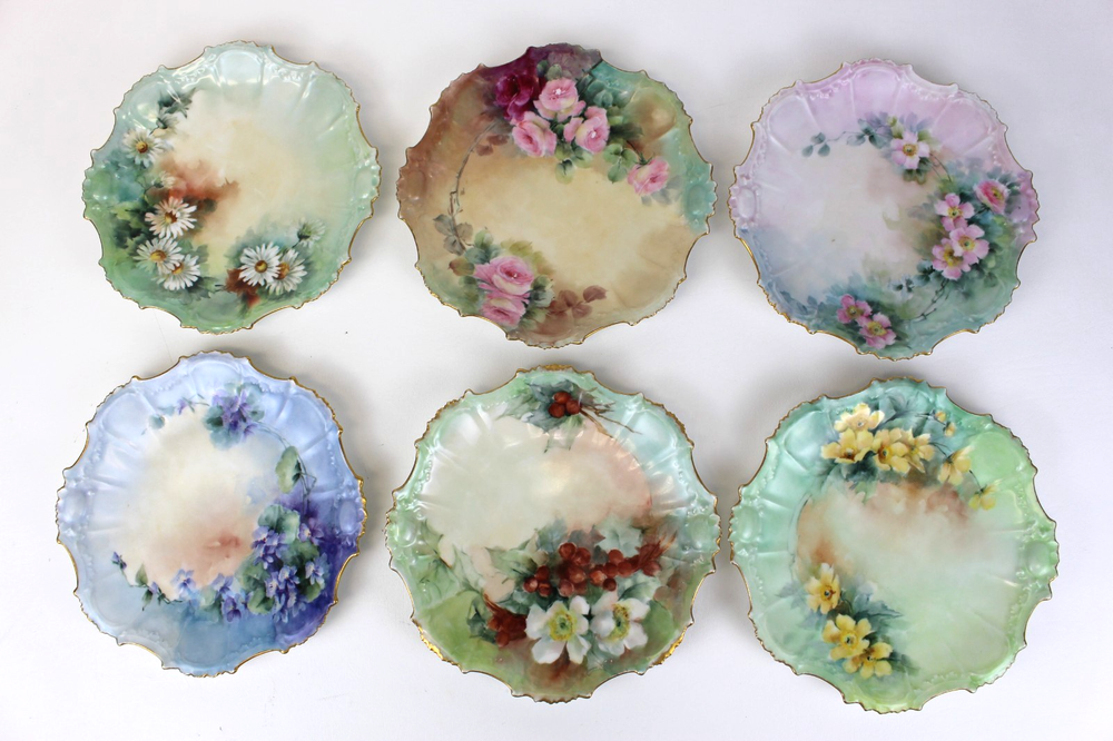 Set Of Six  Antique COIFFE 1891 - 1914 Gold Trim Floral Salad Plates 8 3/4
