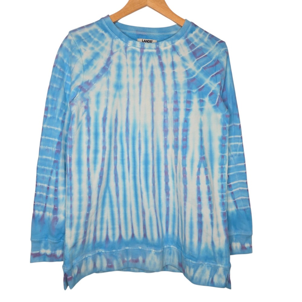 Lands End Serious Sweats Womens Blue Tie Dye Crewneck Sweatshirt Small