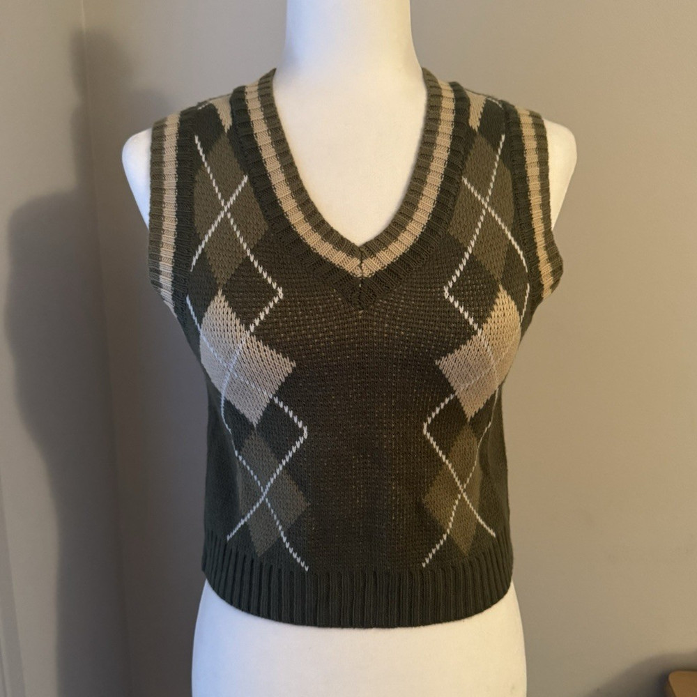 Say What? Women’s Argyle Diamond V-Neck Sleeveless Sweater Vest Green S