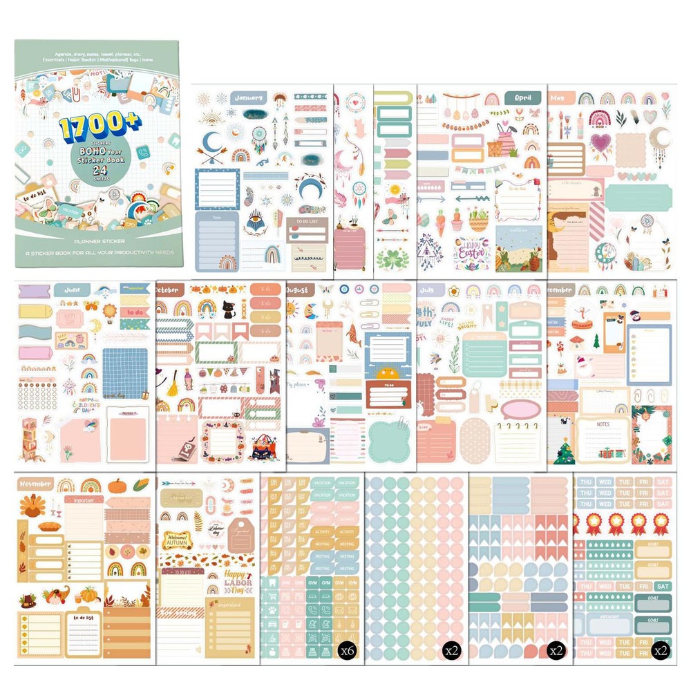 Planner Stickers 24 Sheets 1700+ Boho Year Sticker Book Monthly Themed Stickers