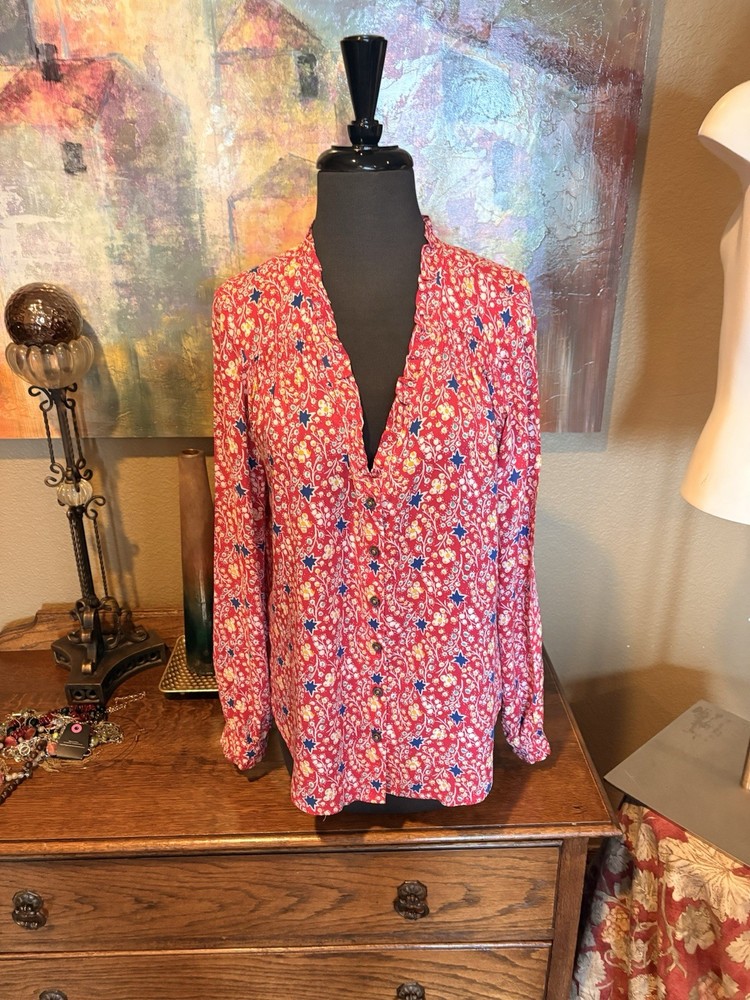 Maeve Anthropologie 4 Marisol Pink Floral Multicolor Long Sleeve ButtonUp Blouse