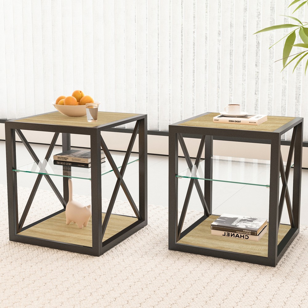 Modern Industrial End Table Set of 2 Nightstands for Bedroom