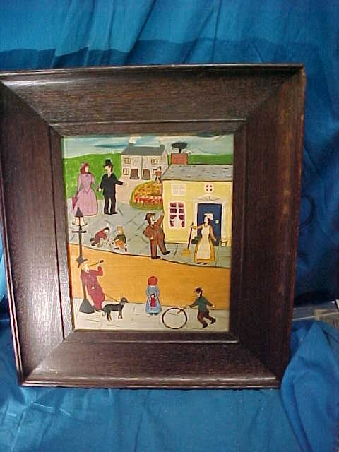 19thc FOLK ART Whimsical PRIMITIVE PAINTING -STREET CORNER TALKIN'