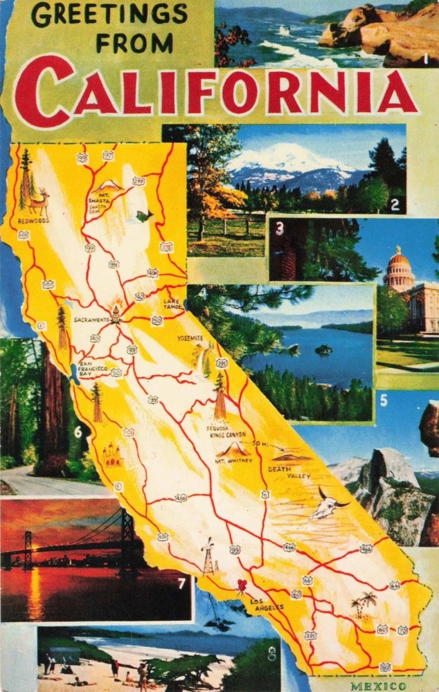 Greetings from California Map & Multiview - CA Postcard