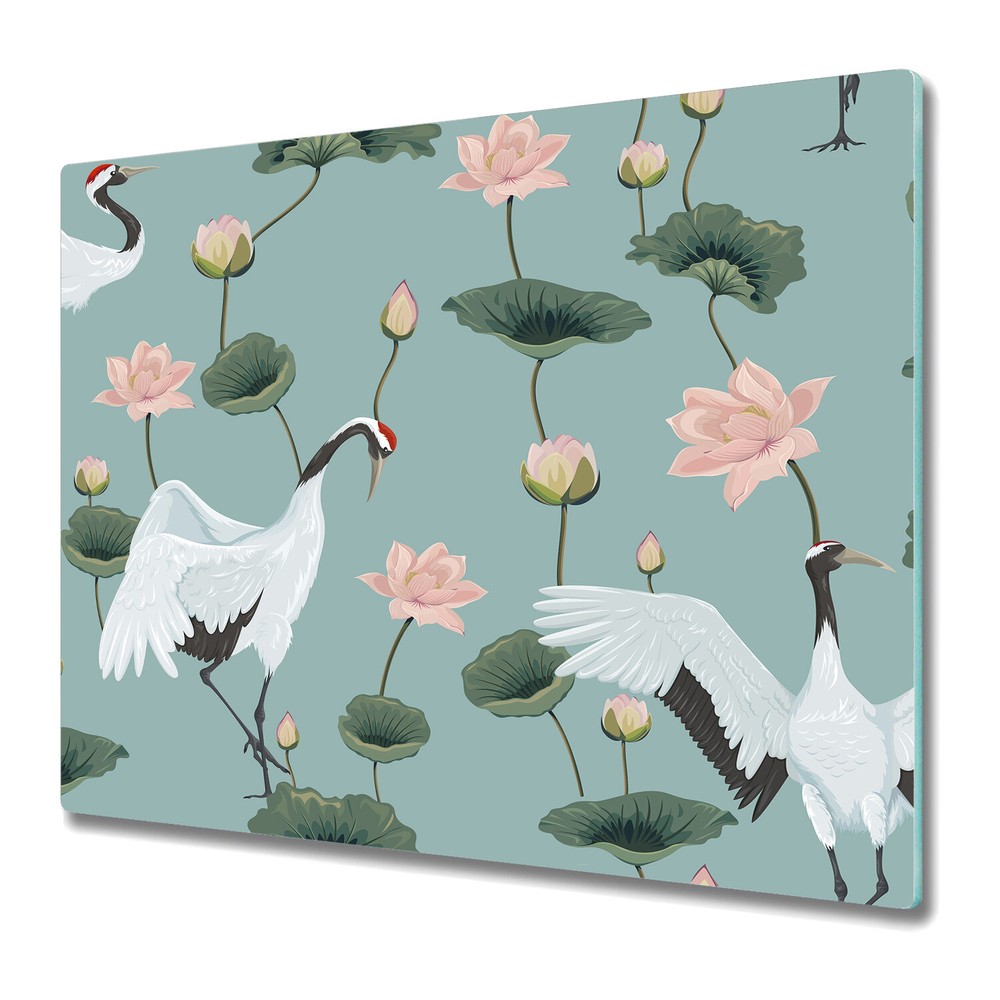 Glass Induction Ceramic Hob Cover Cranes pastel blue and white 60x52