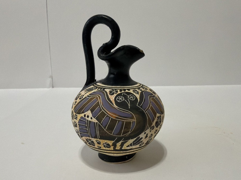 Greek Corinthian Jug Museum Reproduction Wine Hand Painted Miniature Owl & Lion
