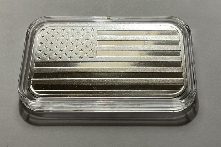 1 oz Silver Bar - (New) American Flag Design (Eagle Back) In Capsule