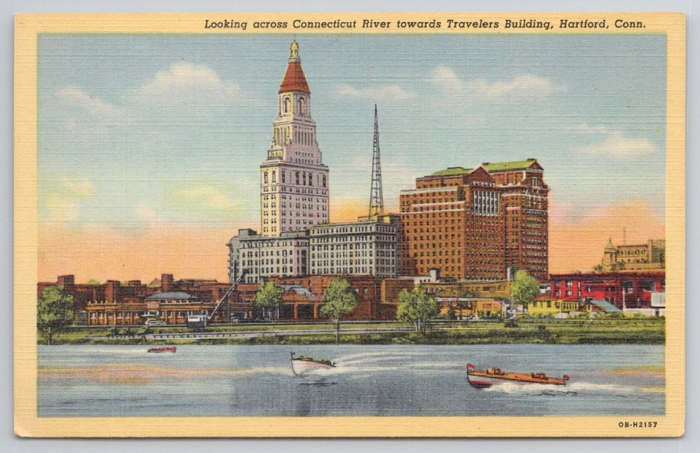 Hartford CT Travelers Building Connecticut River Colortone Postcard