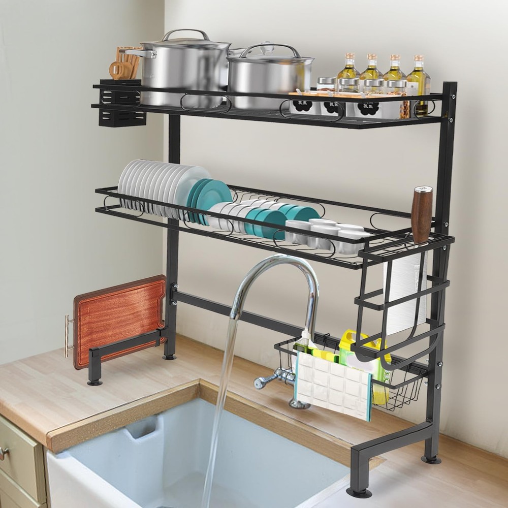 2 Tier Over The Sink Dish Drying Rack Stainless Steel Kitchen Dish Drainer Black