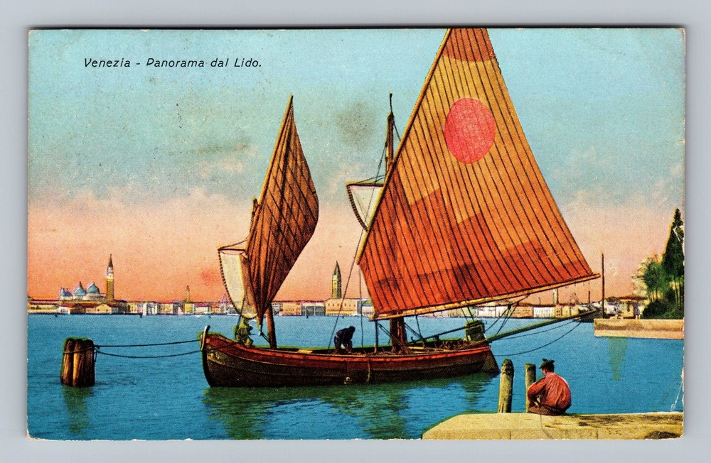 Italy- Venice Panorama Shore View Sailboat Postal Old Card PC Vintage Postcard