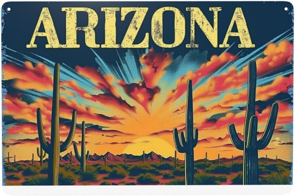 Vintage Rustic Metal Tin Sign Arizona Western Desert Cactus Wall Art Decor Retro