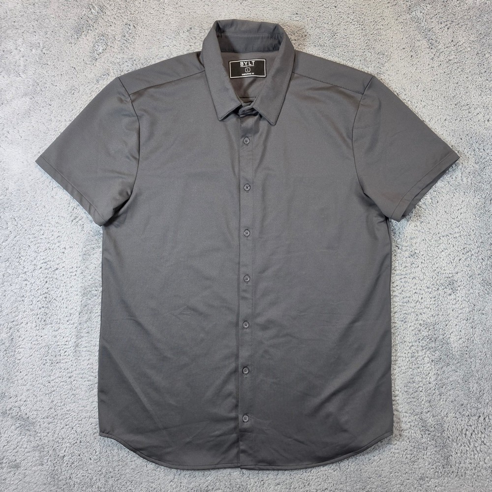 BYLT Shirt Mens Large Grey Executive Fit Short Sleeve Button Performance Stretch