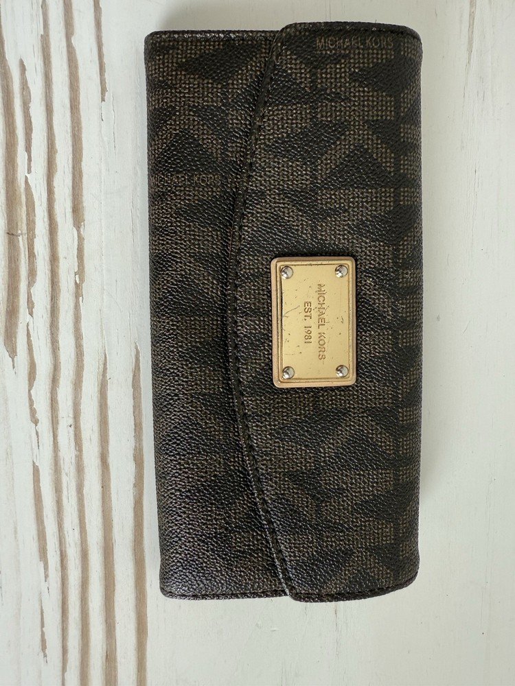 Michael Kors Brown Logo Wallet Continental Clutch MK Monogram Zip Organizer