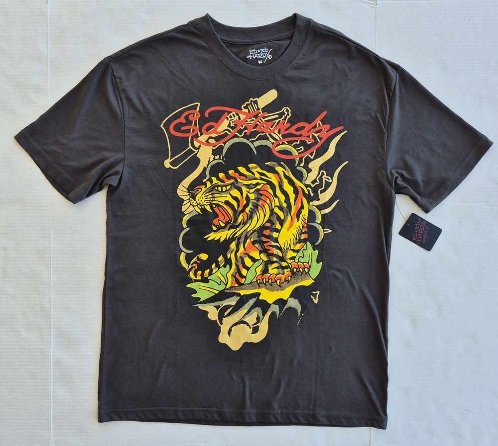 Ed Hardy Standing Roaring Tiger Charcoal Gray T-Shirt Men’s Size M
