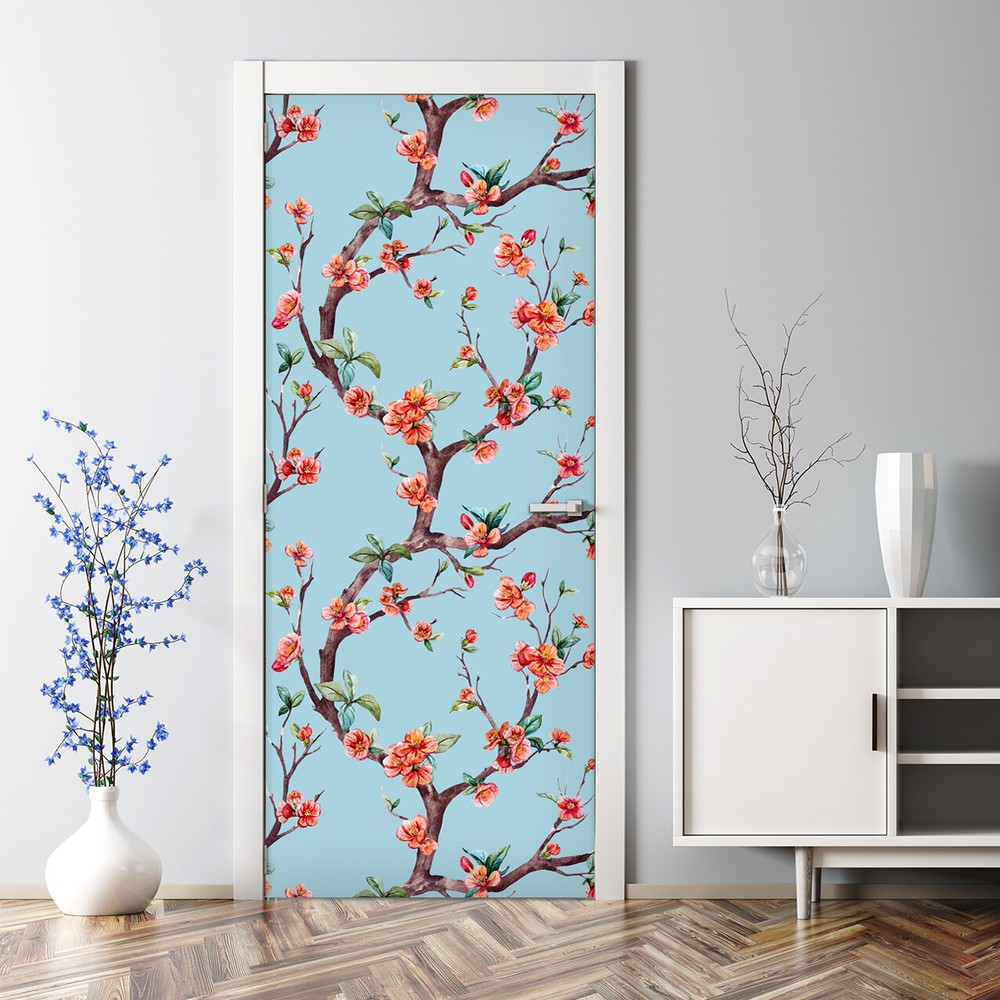 Raster Sakura Bubble-Free Red and Blue Door Sticker Wall Art Decal