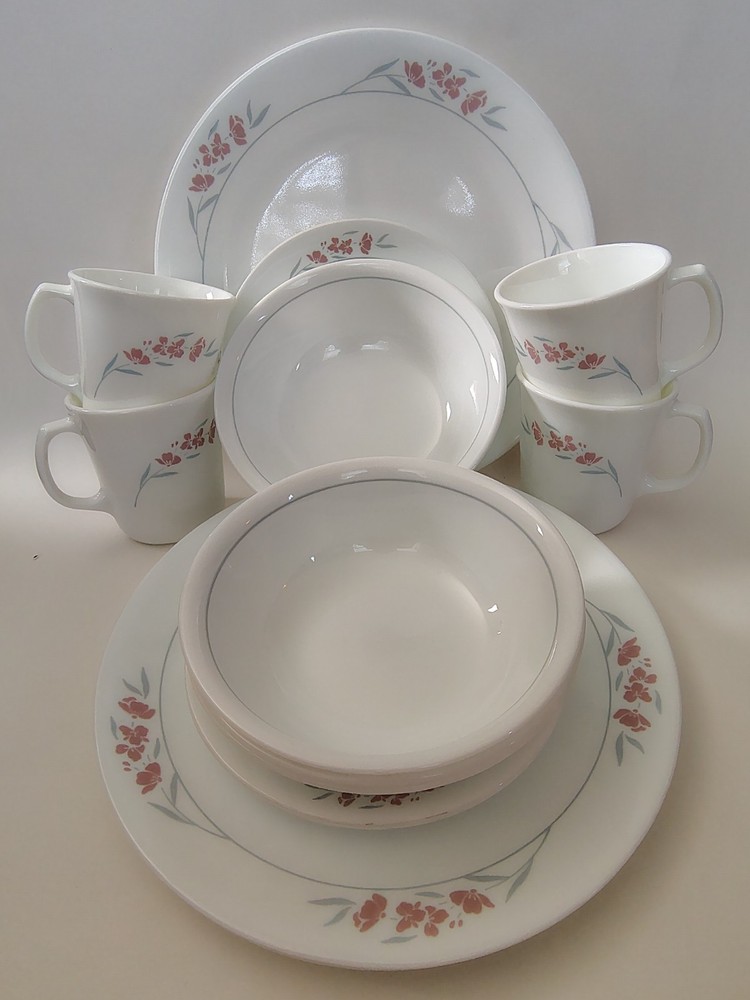 Set Of 4 Corelle SILK BLOSSOMS Dinner, Salad Plates, Soup Bowls, and Cups/Mugs