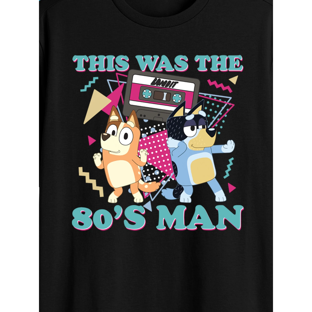 NEW Bluey & Bandit Mixtape This Was The 80's Man T Shirt NWT Black Retro Dancing