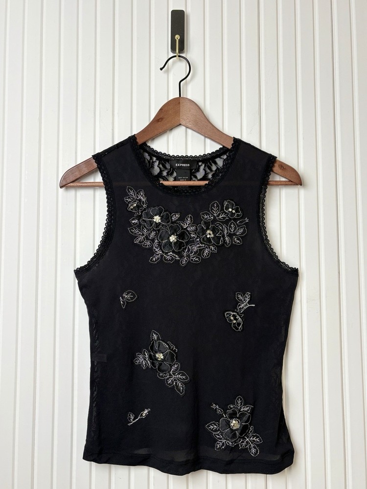 Y2K Express Floral Embroidered Top Lace Sheer M Whimsigoth Dark Fairy Romantic