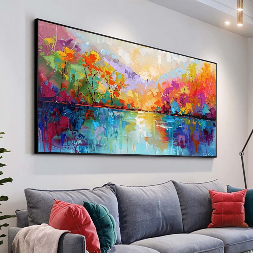 Landscape Oil Painting On Canvas Blue Hand Painted Minimalist Wall Art For Decor