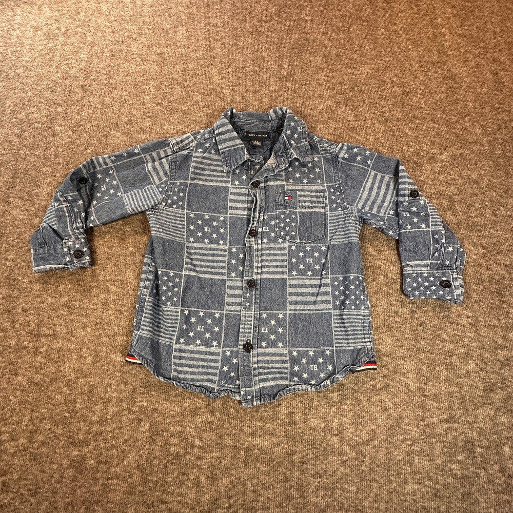 Tommy Hilfiger Boys 3T Denim Patchwork Button-Up Shirt 100% Cotton Long Sleeve