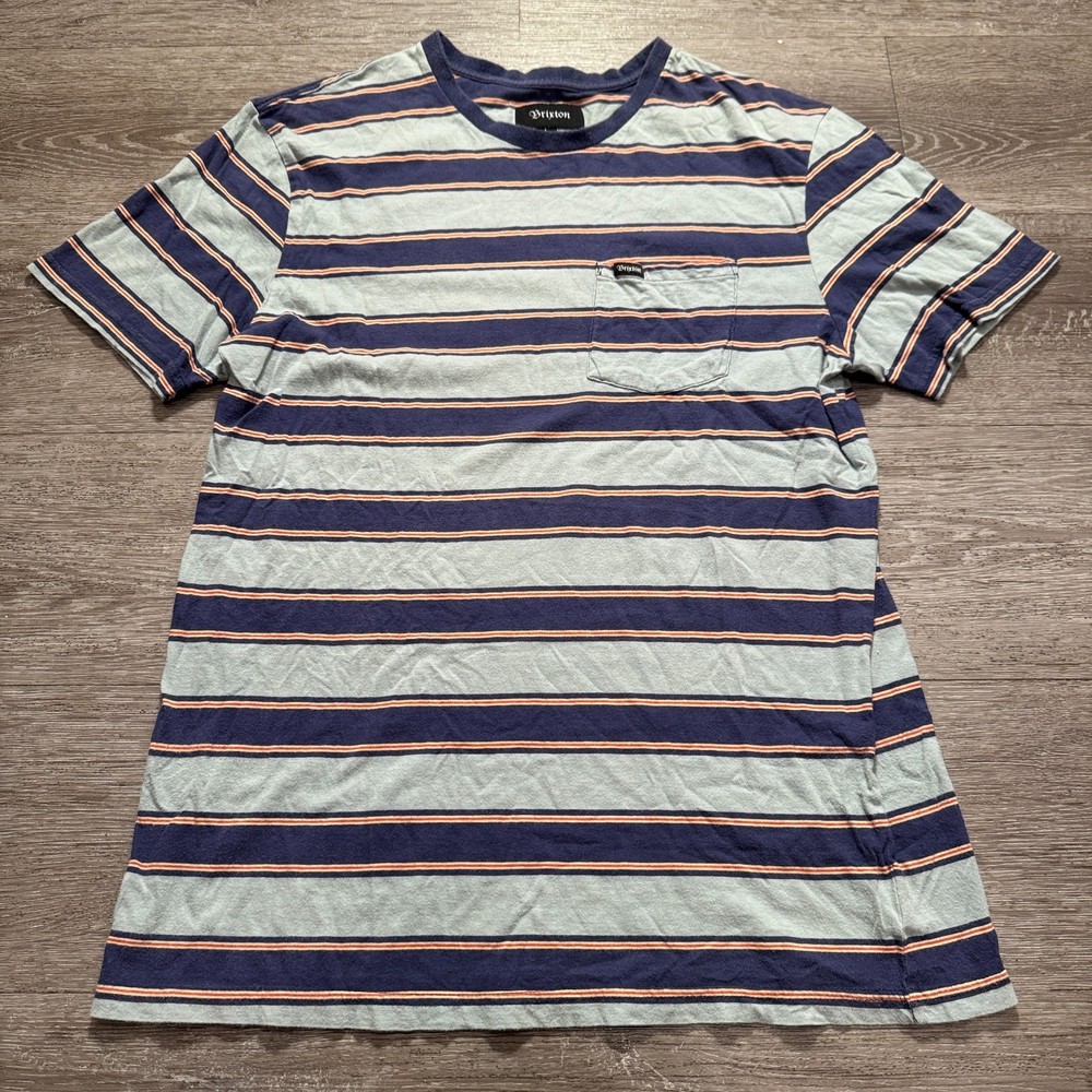 Vintage Brixton Shirt Mens Large Blue Stripe Pocket Tee Short Sleeve Crew Neck
