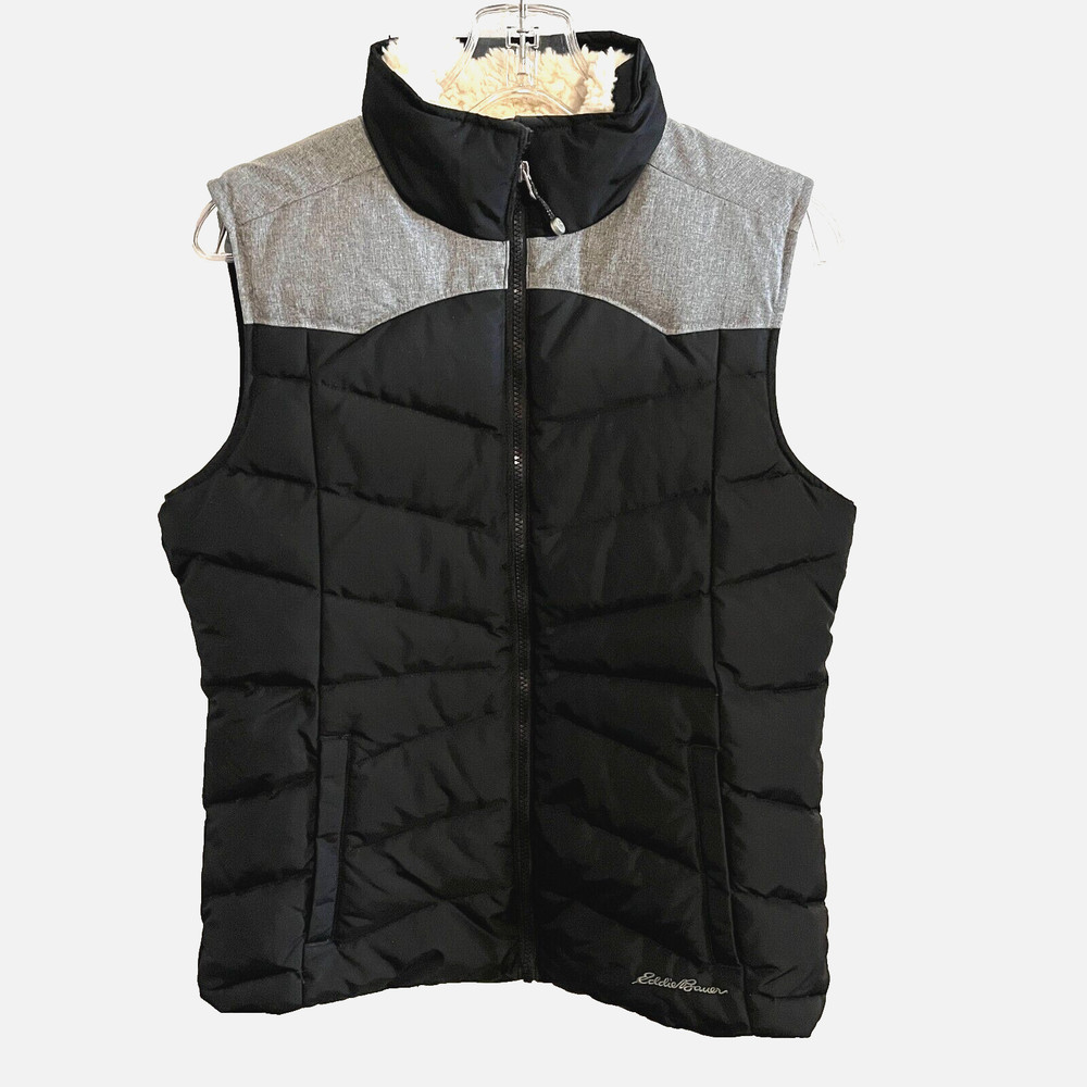 Eddie Bauer Puffer Vest  EB650 Down Filled Womens Medium Black/Gray Sherpa Lined