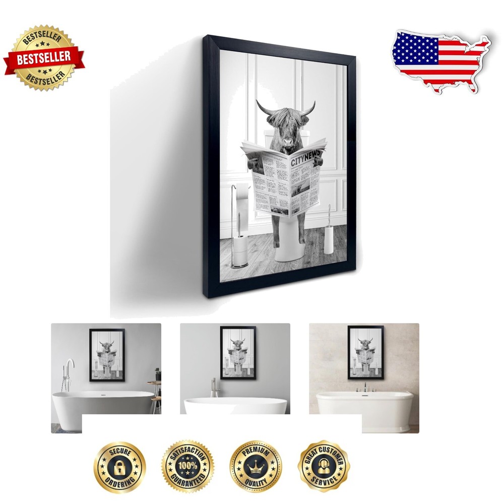 Quirky Black and White Highland Cow Art - Ideal for Bathroom and Bedroom Spaces