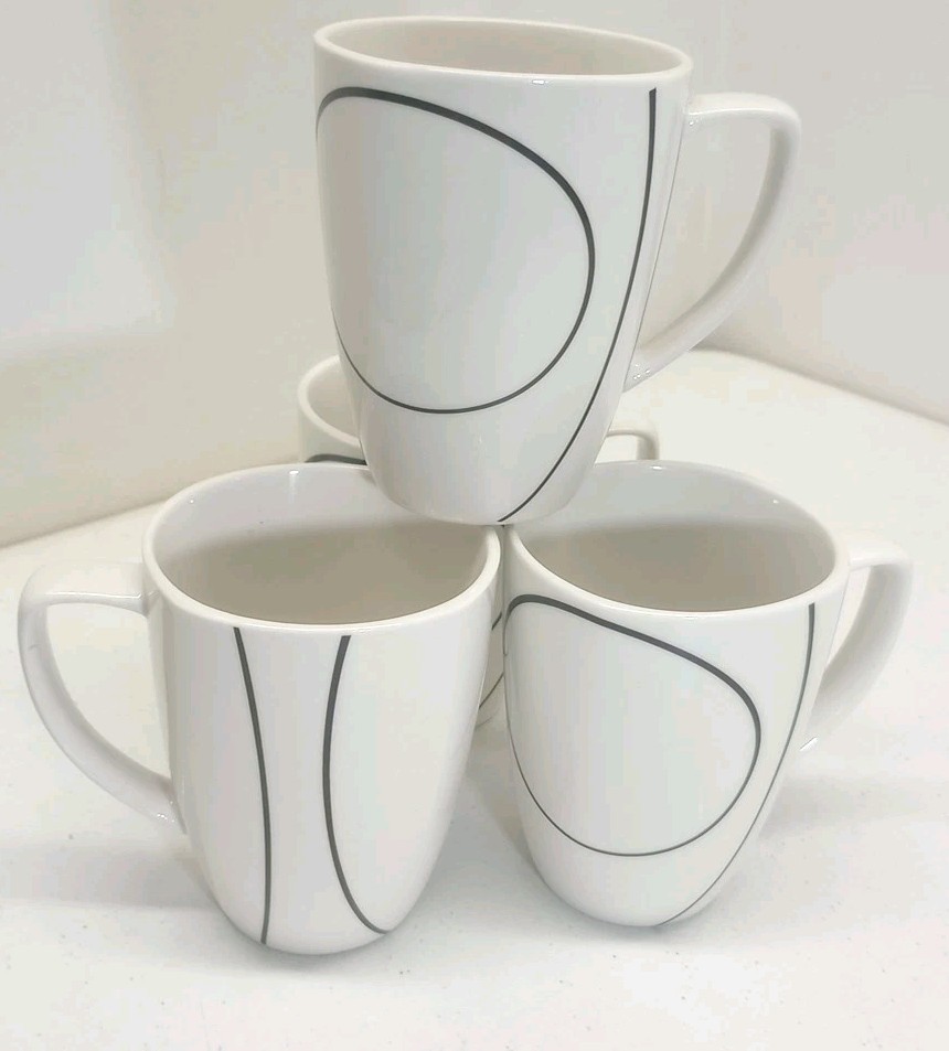 Corelle Coordinates Set 4 White & Black SIMPLE LINES  Porcelain 12oz Coffee Mugs