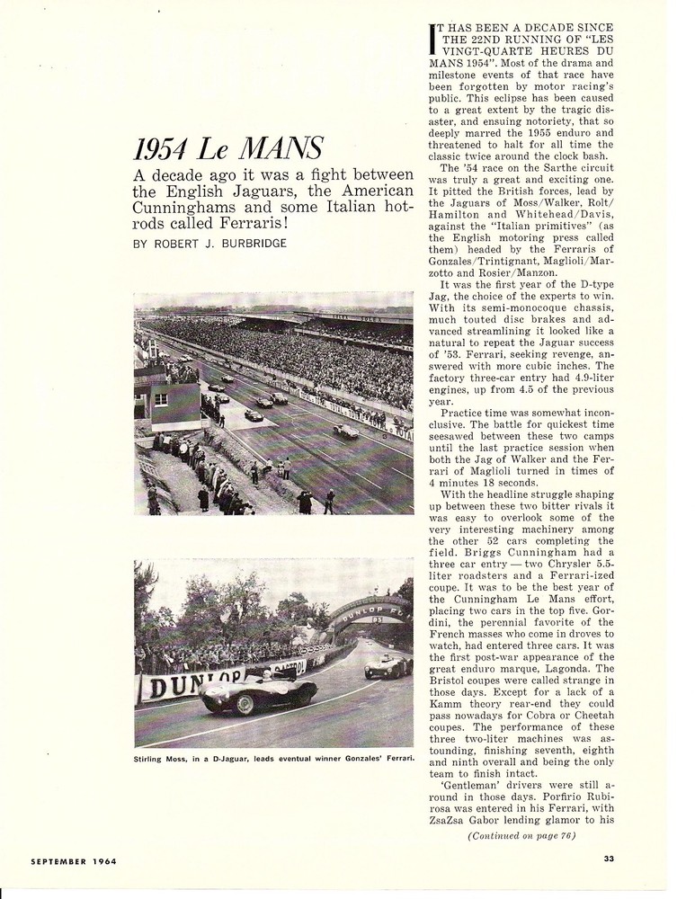 1954 24 HOURS OF LE MANS ~ ORIGINAL 3-PAGE 1964 ARTICLE