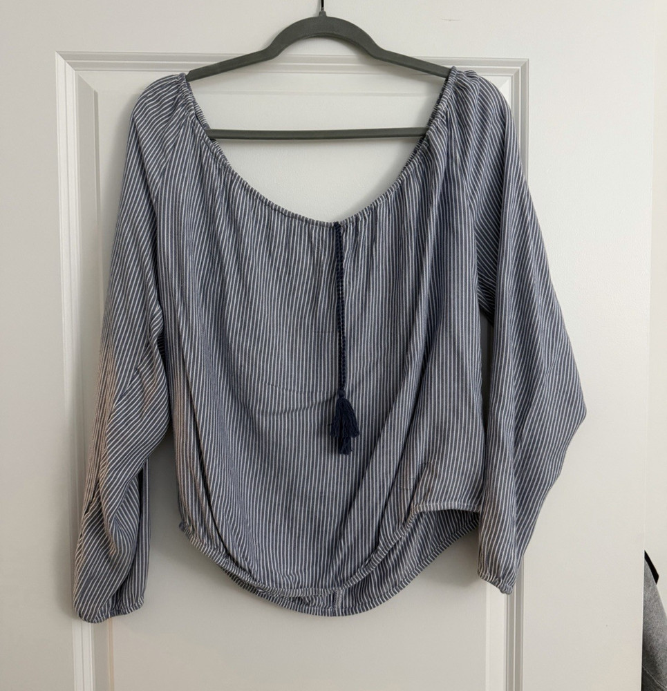 Hollister Womens Blue White Striped Off Shoulder Sleeve Tassel Tie Blouse M
