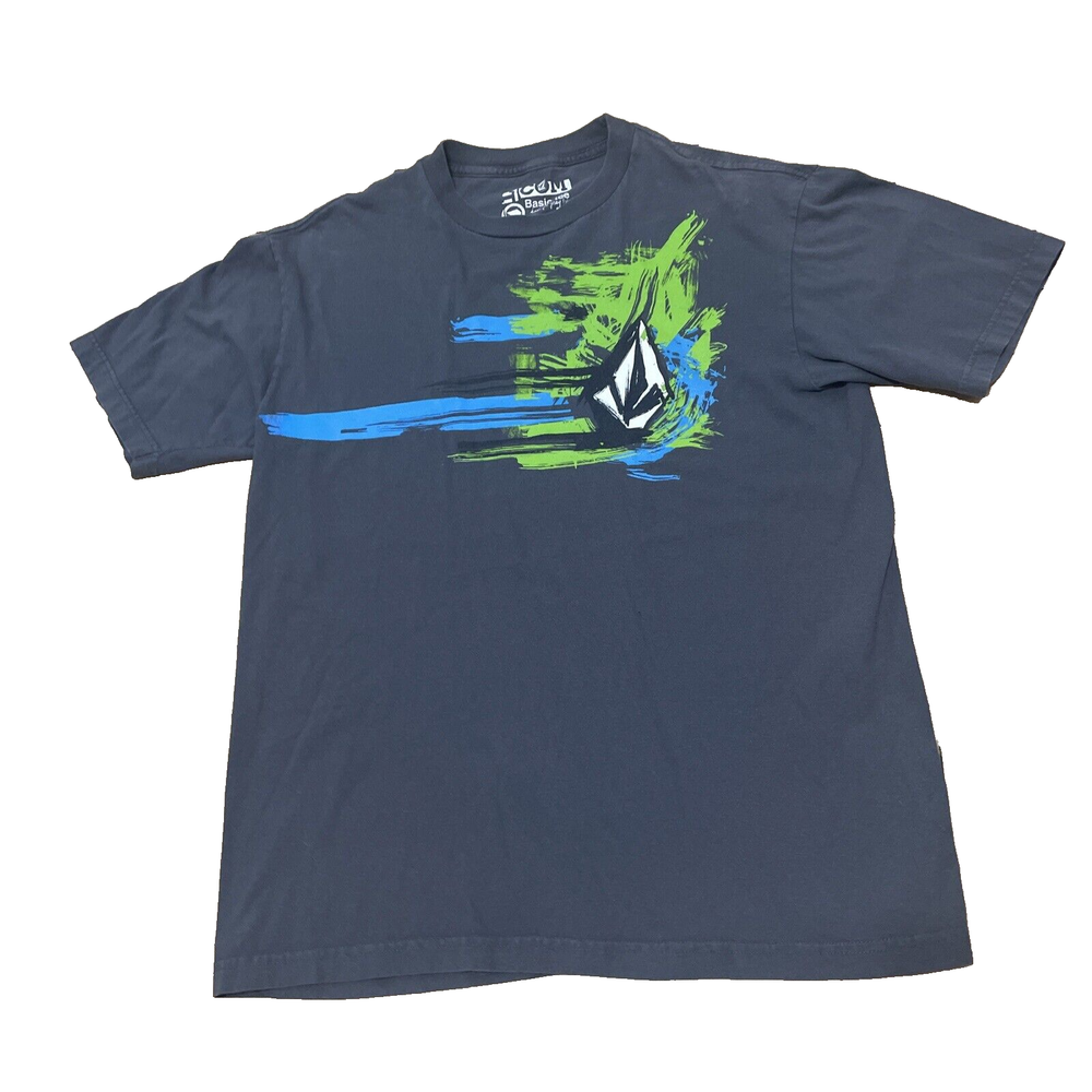 VOLCOM Basic Tee Men L Y2k Graphic Tee Gray Green Splat Abstract Beach Grunge L-image
