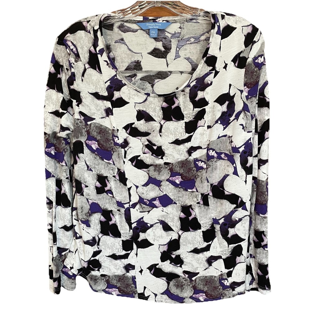 Vera Wang Women's long sleeve top PXL abstract purple white black shirt rayon