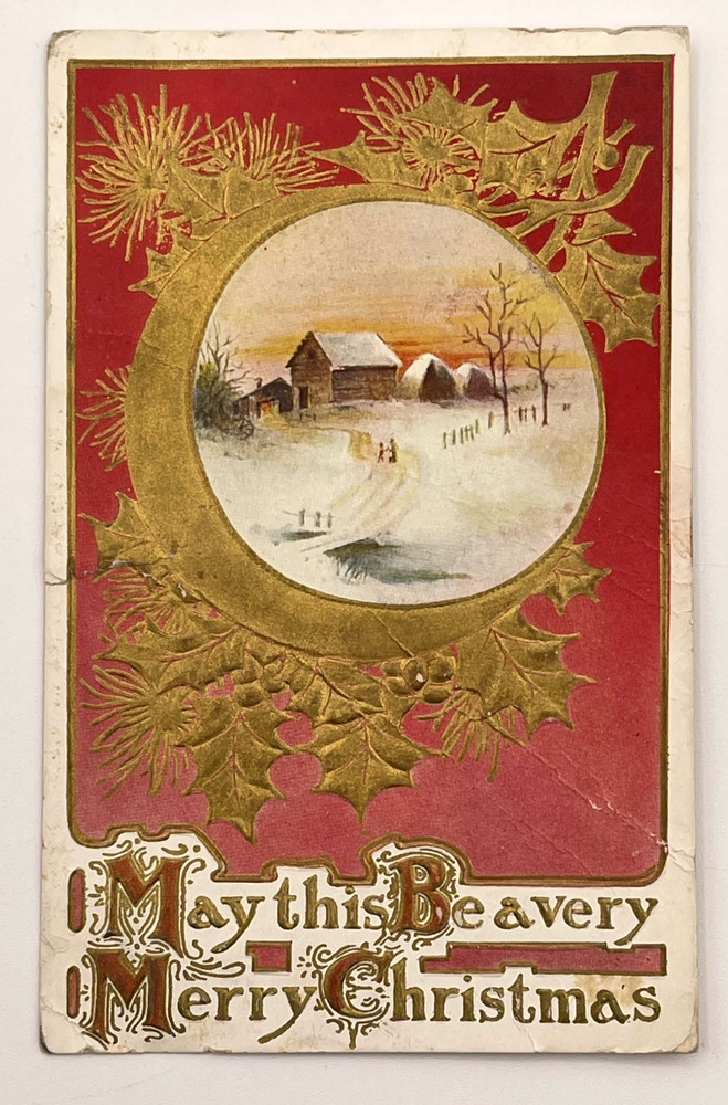 1909 Merry Christmas Postcard Red Gold Winter Scene Pine Holly Embossed