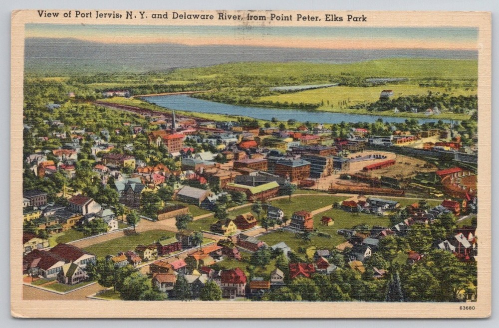 Port Jervis NY Delaware River View from Elks Park Linen Postcard