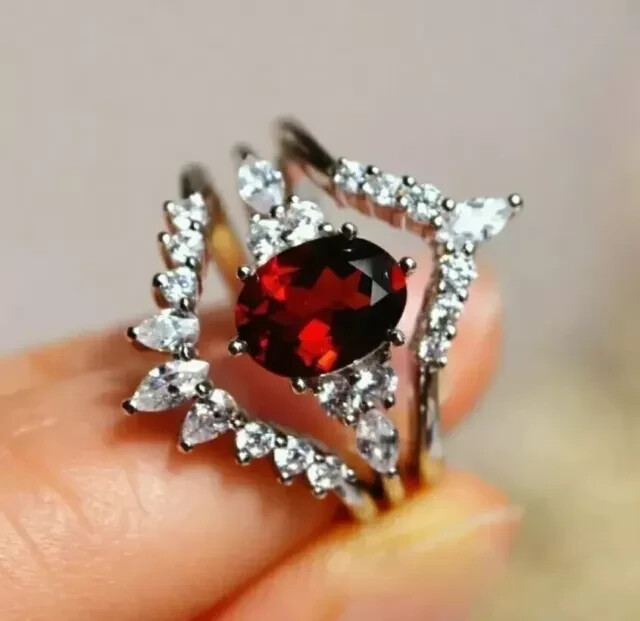 2Ct Oval Red Garnet Trio Wedding Ring Set in 14K White Gold Plated