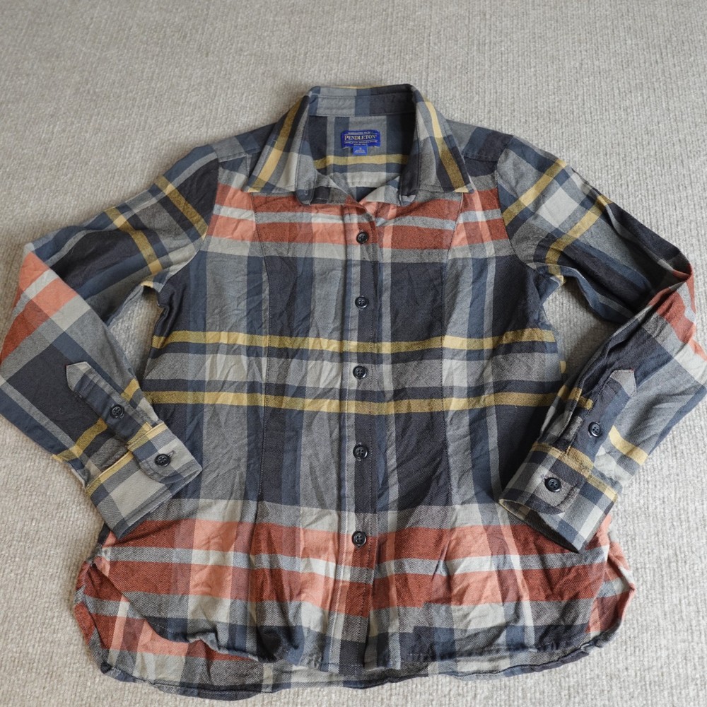 Pendleton Womens Shirt Small Gray Blue Plaid 100% Virgin Wool Button Front
