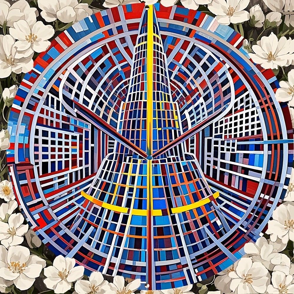 Abstract Geometric Patterns Round Aluminum Wall Art Vibrant Colors 2D Flat