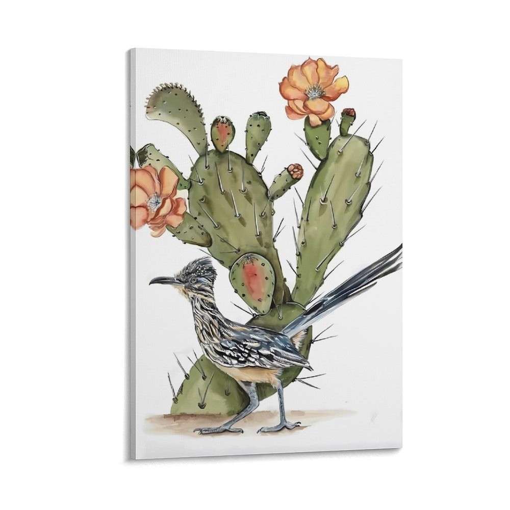 Cactus Blooming with Flowers and Birds Wall Art Decor Canvas Print Poster