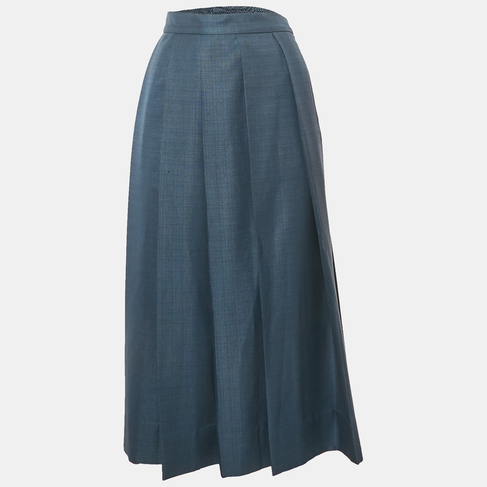 Mero Studio Blue Crepe Pleated Midi Skirt with Side Slit