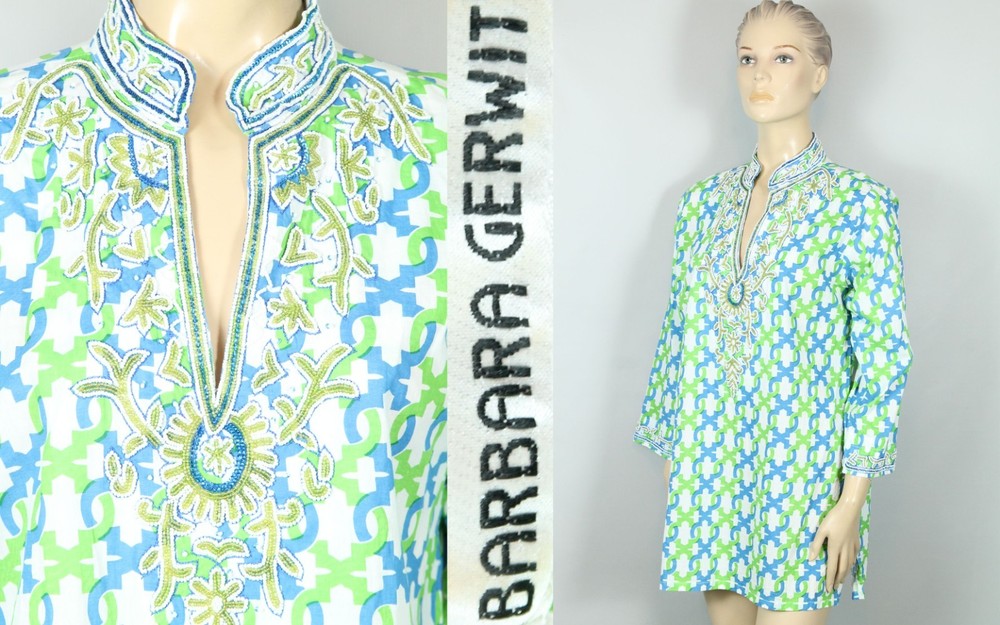 BARBARA GERWIT Cotton Embellished Beaded Boho Cover-Up Tunic Blouse Top Shirt XL