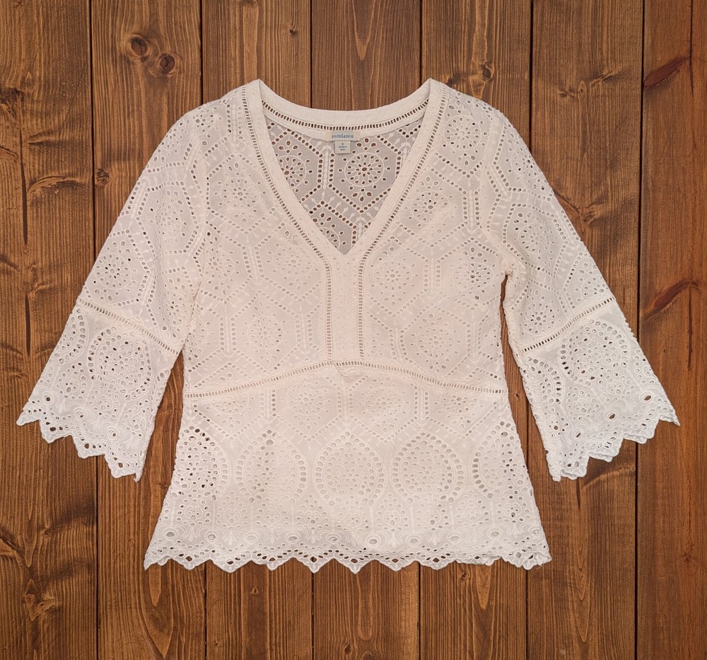 Women's Small Sundance Belle Du Jour Eyelet Top White Bell Sleeve Boho