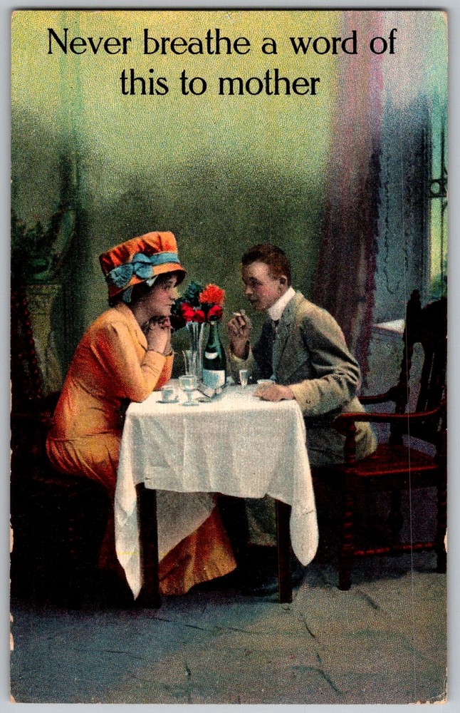 Antique Postcard Couple Dining Scene 1910s