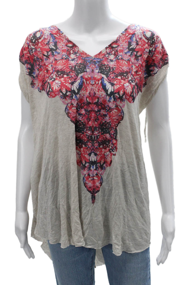 Free People Women Tunic Blouse Beige Floral V-Neck Sleeveless Boho Size LFree Shipping in US $100+ Orders | $6.95 Orders Below