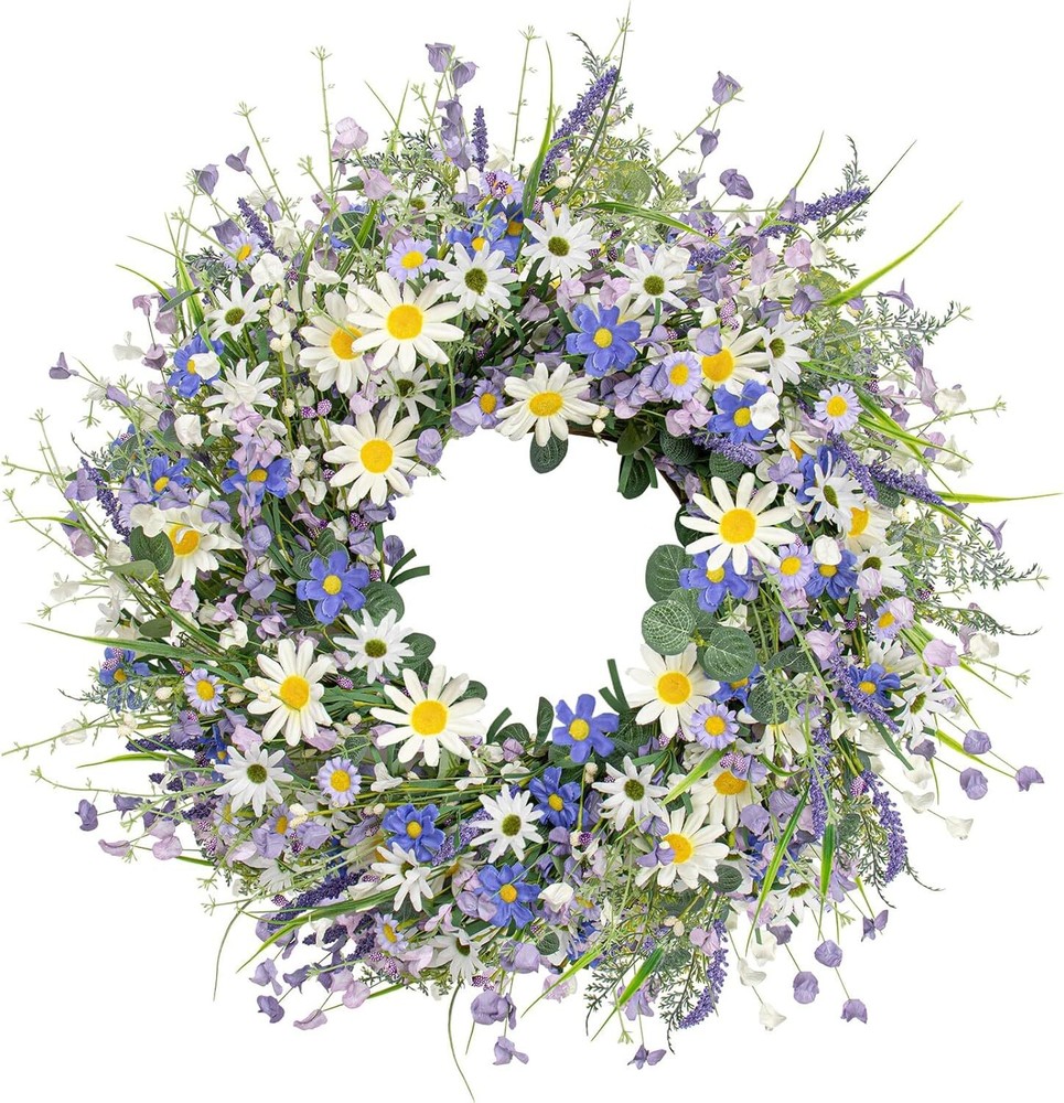 22-Inch Blue Floral Spring Summer Wreath for Front Door Decor