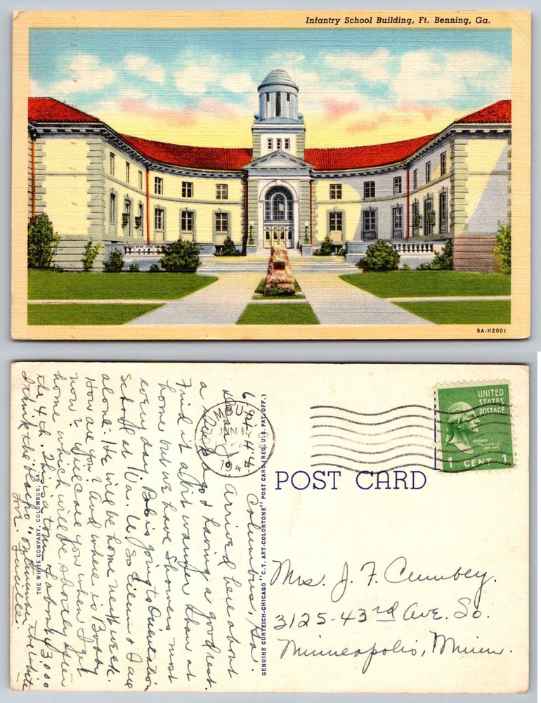 1947 Ft. Benning GA Infantry School Building Curteich Postcard