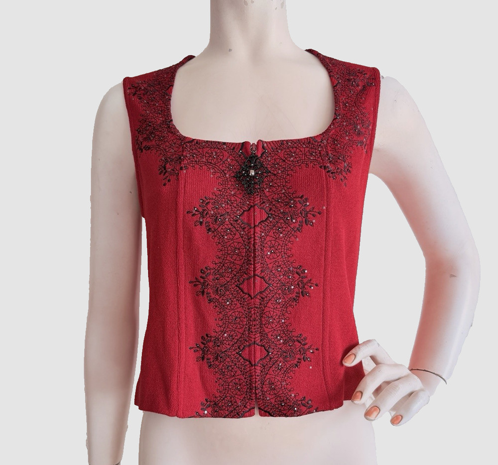 ST JOHN Evening Marie Gray Santana Knit Top Deep Red Paillette Zip Front Shell 4