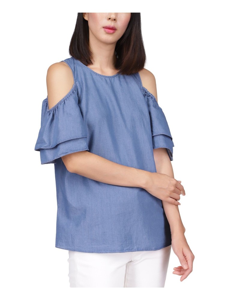 MICHAEL KORS Womens Blue Button Back Short Sleeve Top Petites P\XS