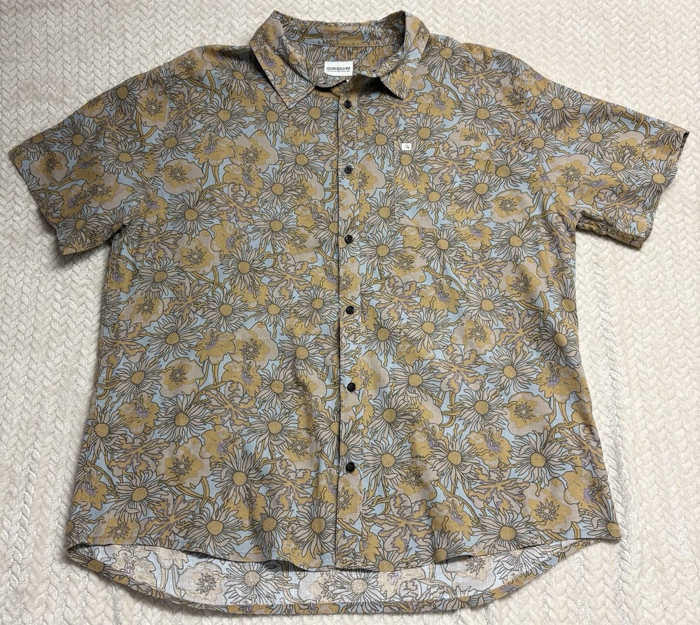 Quiksilver Mens XXL Floral Button Up Shirt Blue Yellow Hemp Surf Beach Aloha