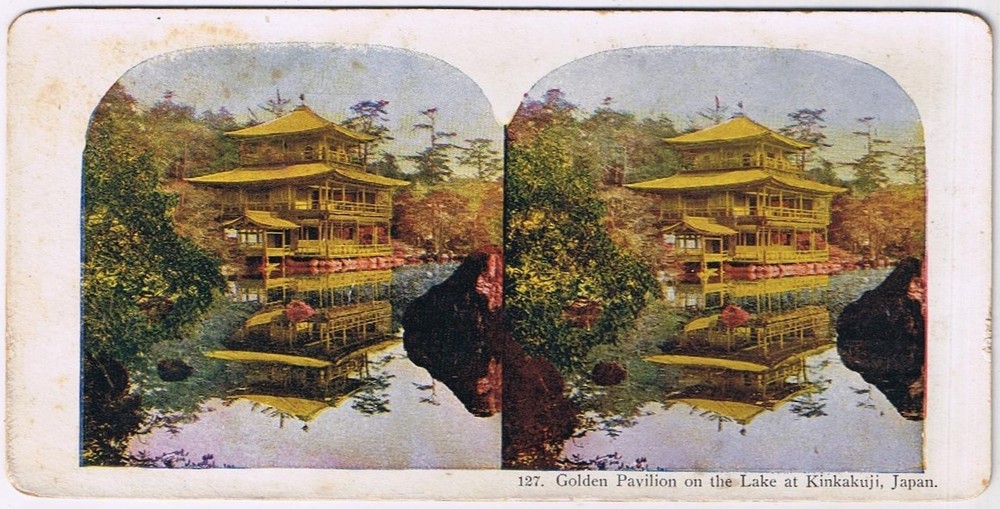 Stereo View Card Stereograph Golden Pavilion On Lake At Kinkakuji Japan