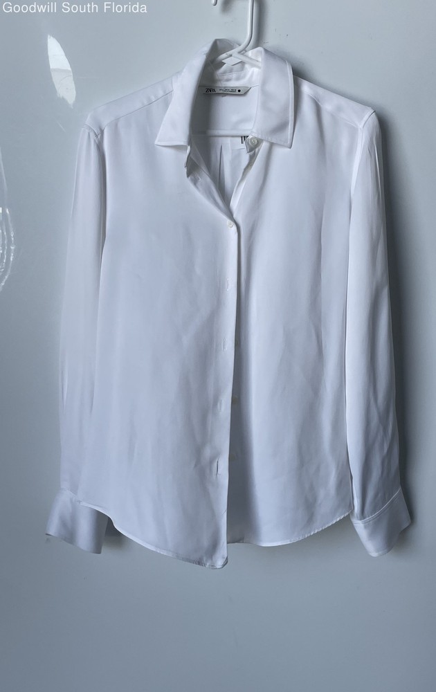 Zara Womens White Long Sleeve Collared Pleated Back Button-Up Shirt Size Medium